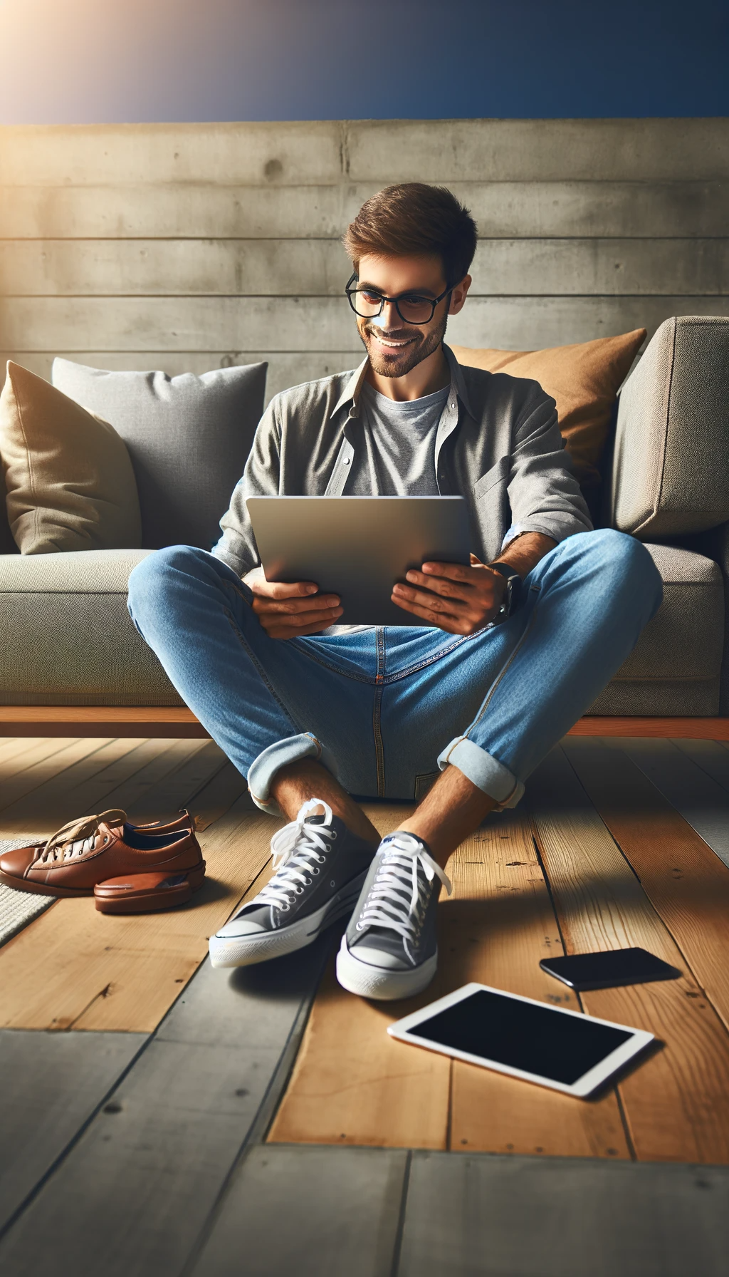 DALL·E 2023-12-22 15.47.54 - Create a vertical image showing an entrepreneur in casual attire, including sneakers, enjoying their work with technology in a relaxed setting. The im