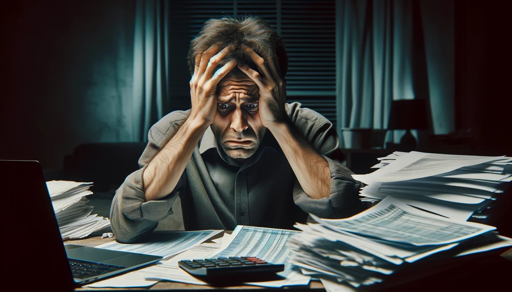 DALL·E 2024-04-25 17.17.25 - A realistic, horizontal photo of a person looking agitated and worried about paying their taxes. The person is sitting at a desk, surrounded by piles