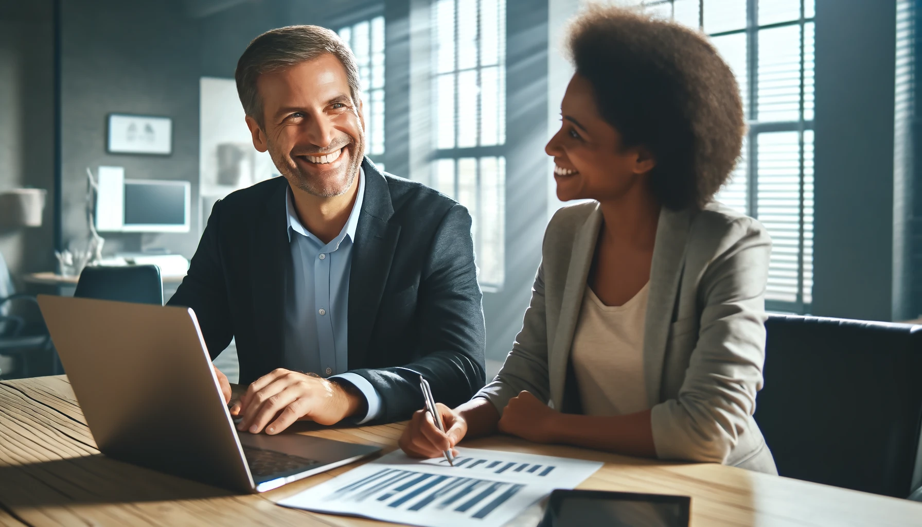 DALL·E 2024-04-25 17.22.49 - A highly realistic horizontal photograph of a person looking happy and relieved while working with an accountant. The scene shows a middle-aged Caucas